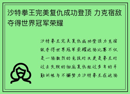 沙特拳王完美复仇成功登顶 力克宿敌夺得世界冠军荣耀