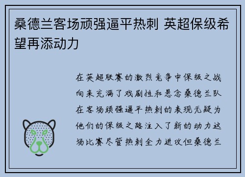 桑德兰客场顽强逼平热刺 英超保级希望再添动力