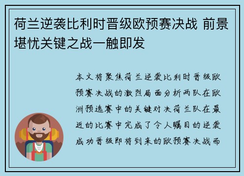 荷兰逆袭比利时晋级欧预赛决战 前景堪忧关键之战一触即发