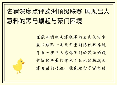 名宿深度点评欧洲顶级联赛 展现出人意料的黑马崛起与豪门困境